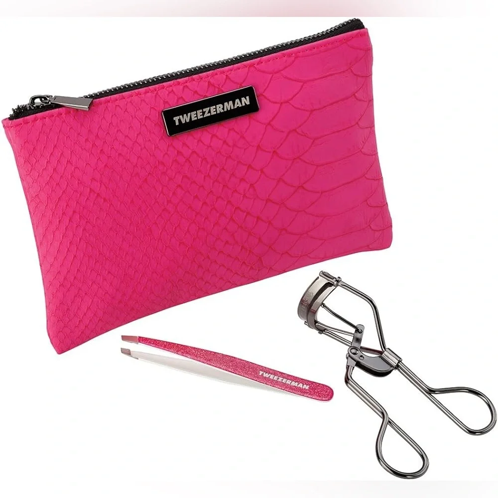 Tweezerman Glitz Glam Gift Set Gunmetal Pink Tweezers Eyelash Curler Makeup Bag